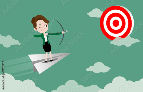 Businesswoman standing on paper plane flying and aiming target with bow and arrow, archery and business concept design
