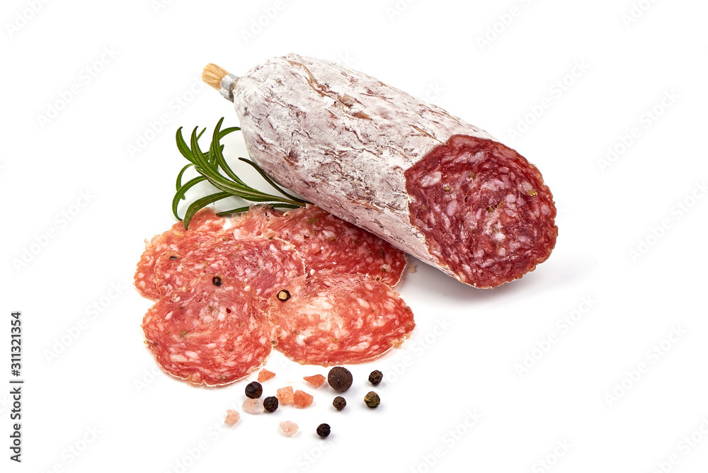 Cured salami sausage, Italian cuisine, isolated on white background Cured salami sausage, Italian cuisine, isolated on white background