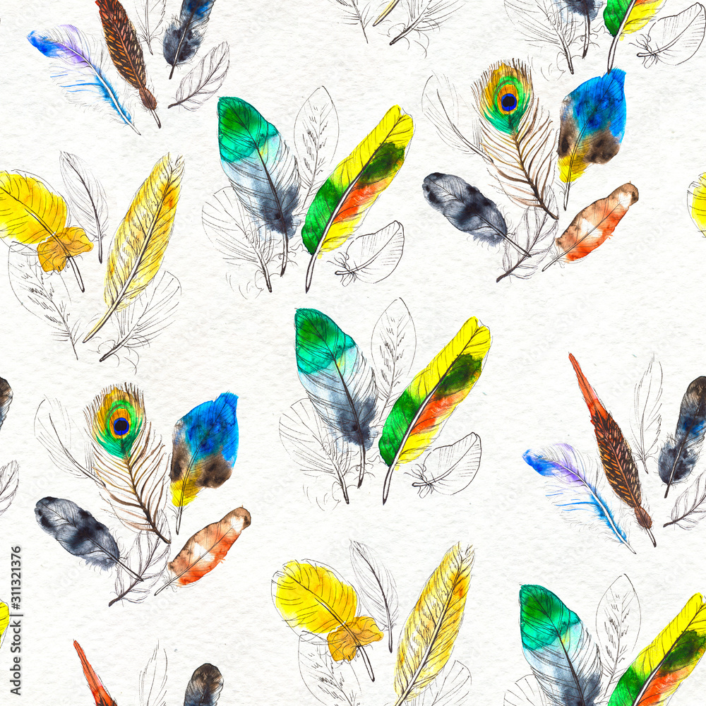 Watercolor feathers seamless pattern. Hand painted texture Watercolor feathers seamless pattern. Hand painted texture