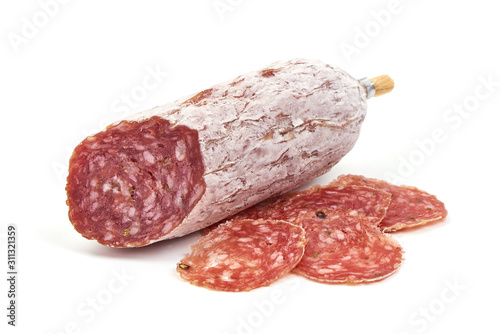 Cured salami sausage, Italian cuisine, isolated on white background photo