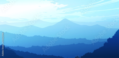 Fototapeta Naklejka Na Ścianę i Meble -  Natural forest trees mountains horizon hills and the route Sunrise and sunset Landscape wallpaper Illustration vector style Colorful view background