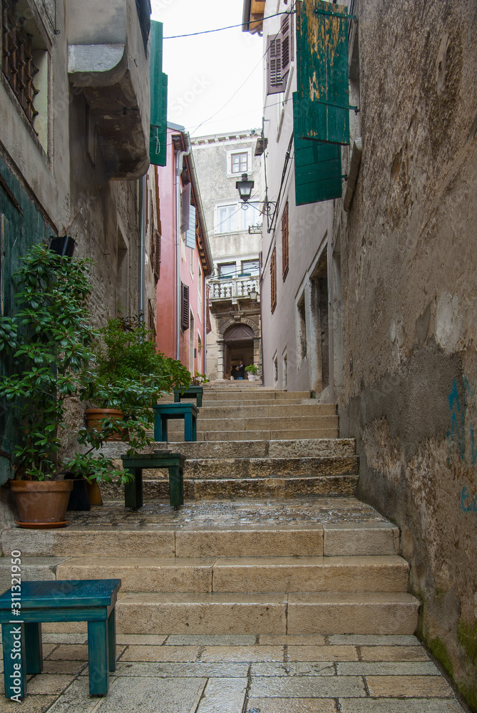 A small narrow street with steps and greenery in an old European city.