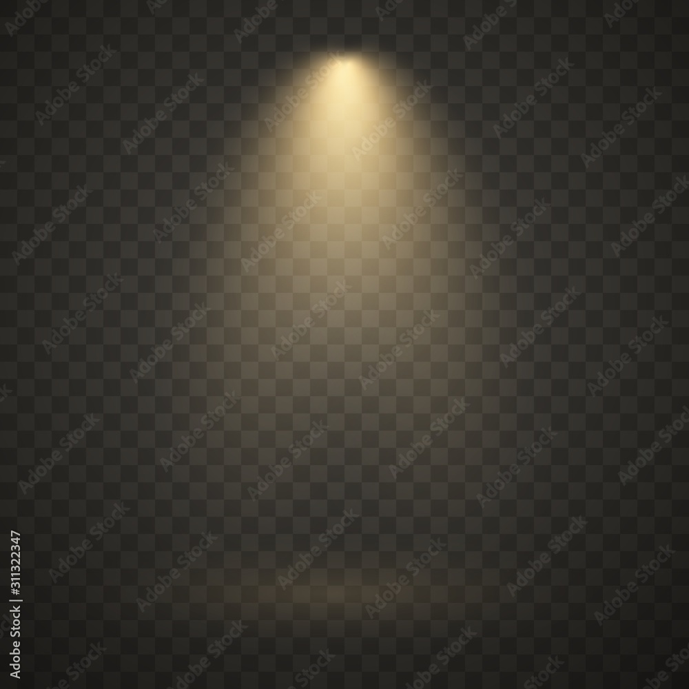 Yellow spotlight, bright light, golden stage lighting isolated on transparent background. Transparent vector effect. - obrazy, fototapety, plakaty 