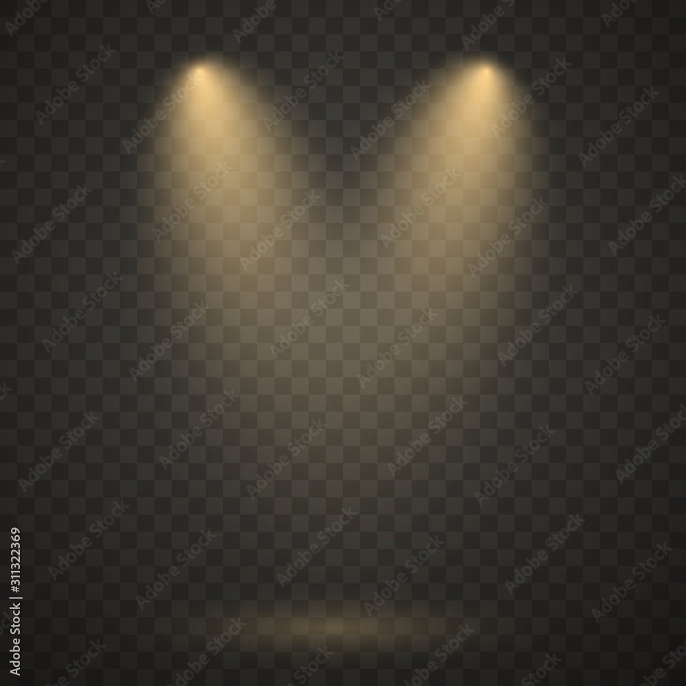 Yellow spotlight, bright light, golden stage lighting isolated on transparent background. Transparent vector effect. - obrazy, fototapety, plakaty 