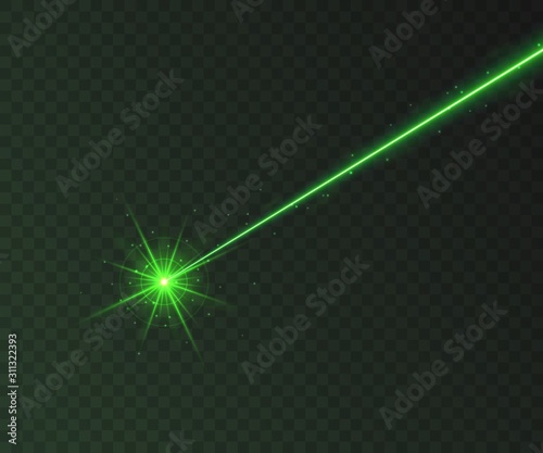 Green laser beam light effect isolated on transparent background. Neon light ray with sparkles.