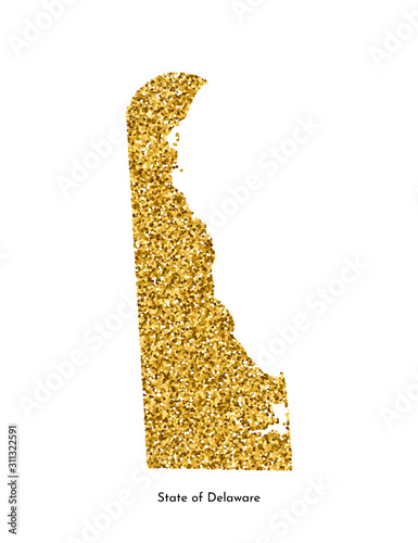 Vector isolated illustration with simplified map of State of Delaware (USA). Shiny gold glitter texture. Decoration template
