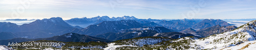 Panoramic view of the Julian Alps with Triglav mountain from the top of the Peca mountain, Slovenia