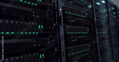 Modern servers room loopable and seamless 3d rendering animation. Futuristic database and computing center with glowing lamps. Artificial intelligence and supercomputer concept.
