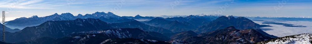 Panoramic view of the Kamnik-Savinja alps from the top of the Peca mountain, Slovenia
