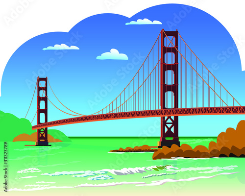 Golden Gate Bridge isolated vector illustration San Francisco California United States of America. For design cards