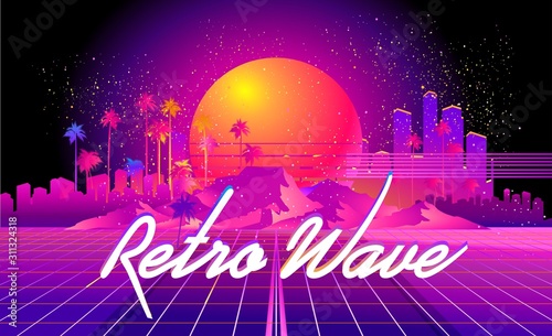 Synthwave cyber landscape with laser grid