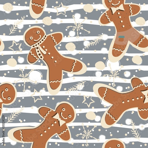 Cute Winter Seamless Pattern with gingerbread cookies.
