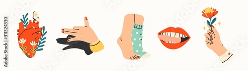 Human body parts. Hand with flower, Shadow puppet barking dog, red lips mouth, legs in wool socks, heart with flowers. Hand drawn colored trendy vector illustration. All elements are isolated