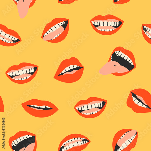 Female mouths. Teeth, tongue. Red lips. Various mimic, emotions, facial expressions. Hand drawn colored seamless pattern. Wallpaper. Trendy vector illustration. Yellow background