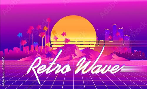 Synthwave cyber landscape with laser grid