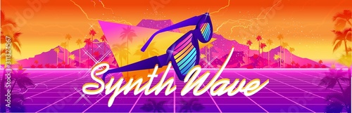 Synthwave cyber landscape with laser grid