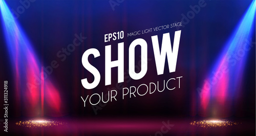 Empty scene with stage curtain and spotlights. Shining show design.
