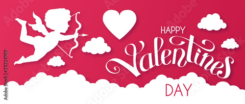 Happy Valentine s day Papercut design template with lettering, cluds. heart and Cupid. photo