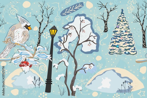 Cute Winter Background with Lovely Bird and Christmas Tree  pastel blue background with different doodles.