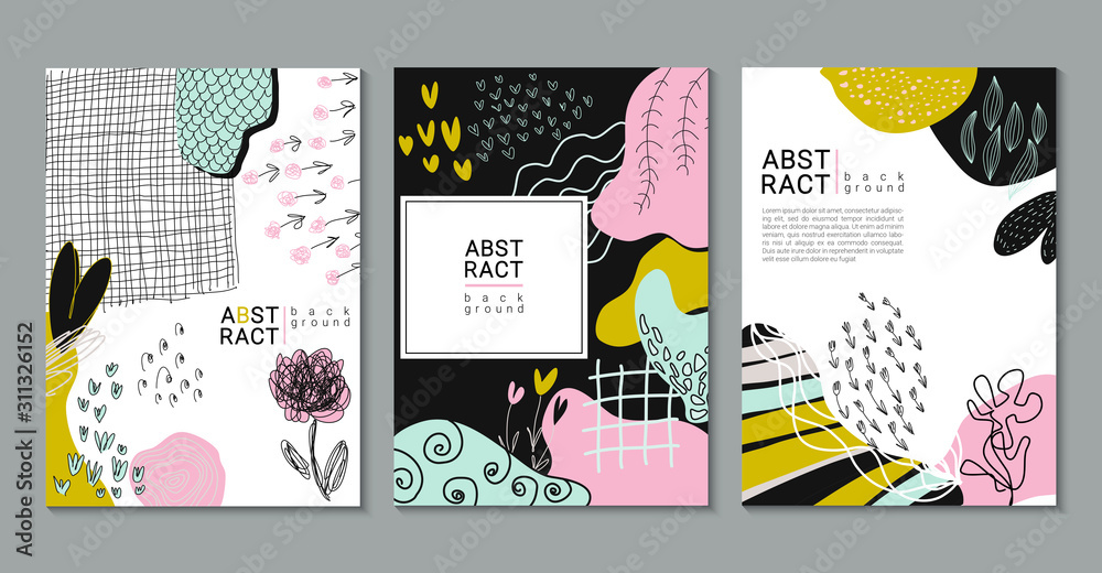 Set of vector modern artistic posters with hand drawn textures, plants, leaves and cut out paper shapes. Set of vector modern artistic posters with hand drawn textures, plants, leaves and cut out paper shapes.