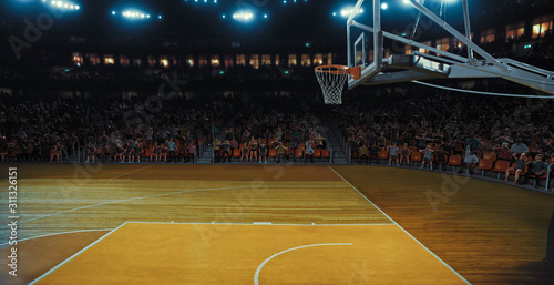 An empty professional basketball stadium with a crowd made in 3D.
