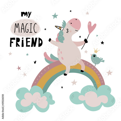 Vector greeting cards with cute unicorn, rainbow, funny font.