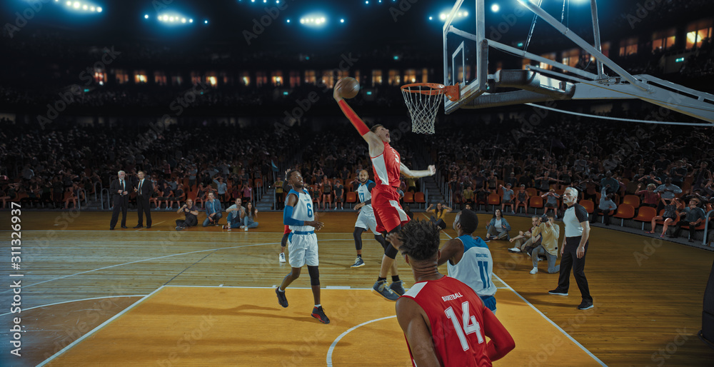 Fototapeta premium Basketball players on big professional arena during the game. Tense moment of the game. Celebration
