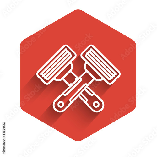 White line Crossed shaving razor icon isolated with long shadow. Red hexagon button. Vector Illustration