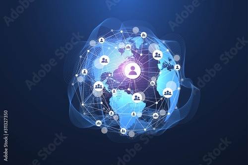Global social network. Networking and data connection concept. Worldwide internet and technology. Dynamic waves connected by plexus light lines. Virtual digital composition. Vector illustration.