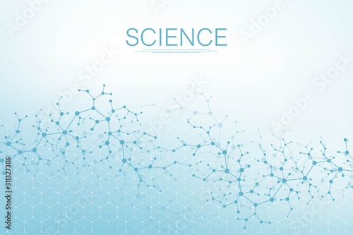 Hexagons abstract background with geometric particles shapes. Science, technology and medical concept. Graphic futuristic background wave flow hex for your design. Vector illustration banner