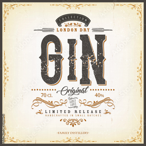 Vintage London Gin Label For Bottle/ Illustration of a vintage design elegant london dry gin label, with crafted lettering, specific product mentions, textures and hand drawn patterns