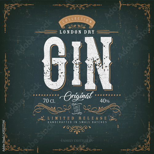 Carta da parati Londra - Carta da parati Vintage London Gin Label For Bottle/ Illustration of a vintage design elegant london dry gin label, with crafted lettering, specific product mentions, textures and hand drawn patterns