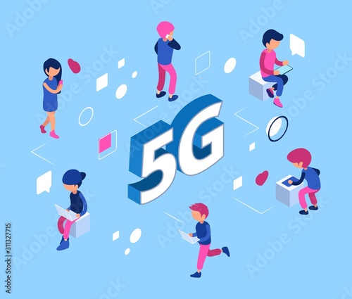 5G network concept. Isometric 5g wifi net. Vector 3D people with smartphones, laptops, tablets. Communication between different laptop and gadget 5th generation wifi illustration © ONYXprj
