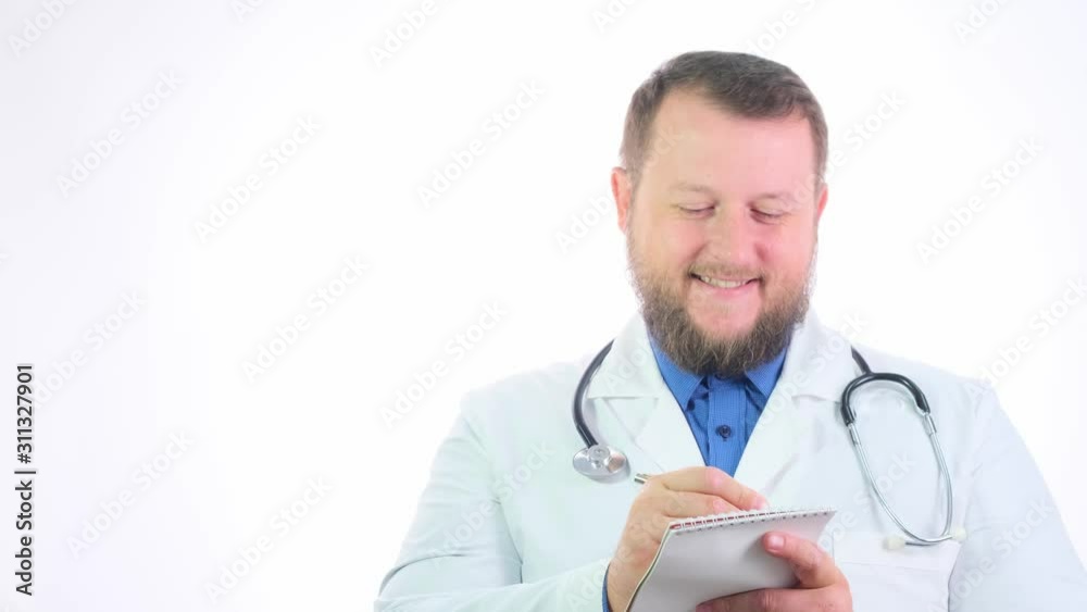 bearded smiling doctor man in a white coat makes a journal entry, close-up, copy space bearded smiling doctor man in a white coat makes a journal entry, close-up, copy space