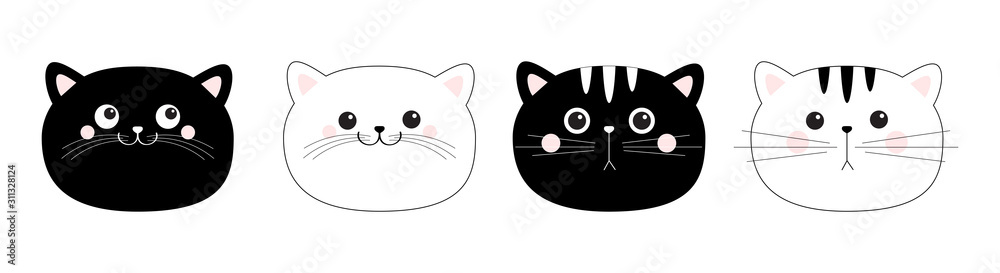 Black white cat icon set. Cute kawaii cartoon character. Funny