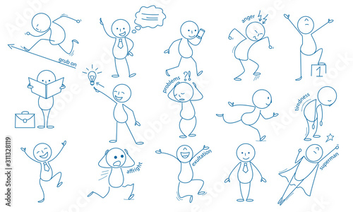 Business stickman. Hand drawn characters people figures expressions jumping running holding pointing vector business set. Illustration simple smile expression, stickman working and tiredness photo