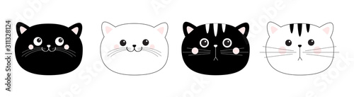 Black white cat head face line contour silhouette icon set. Funny kawaii smiling sad doodle animal. Pink blush cheeks. Cute cartoon funny character. Pet collection. Flat design Baby background.