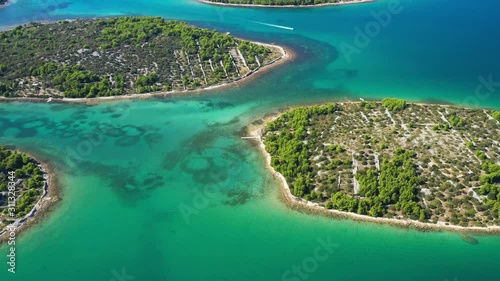 Croatian coastline, small islands in Murter archipelago, aerial view of turquoise bays, touristic paradise on Adriatic sea, drone reveal footage