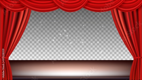 Theater stage. Festive background audience movie opera light with red silk curtains. Vector realistic curtains and stage isolated ontransparent background. Illustration theater with red curtain stage