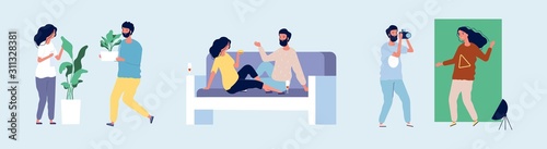 Loving couple. Happy couple in love spending time together. Flat male female characters at home dating spare time vector illustration. Couple woman and man love, romantic person relationship
