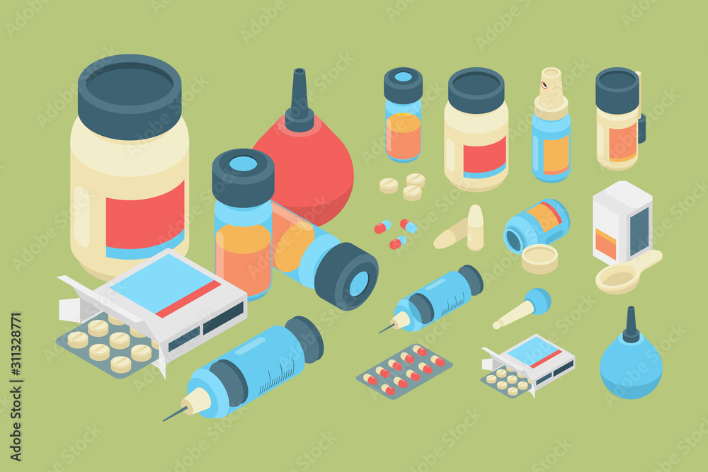 Pharmacy isometric. Medicine healthcare drugs and pills medication vector set. Pharmaceutical isometric capsule and drug antibiotic, vaccine and remedy illustration