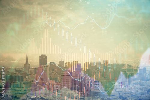 Forex graph on city view with skyscrapers background multi exposure. Financial analysis concept.