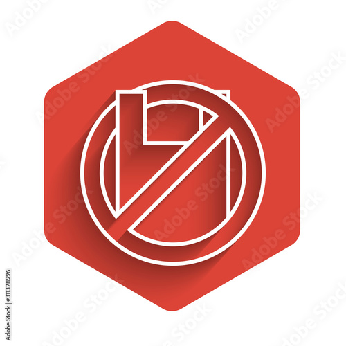 White line Say no to plastic bags poster icon isolated with long shadow. Disposable cellophane and polythene package prohibition sign. Red hexagon button. Vector Illustration