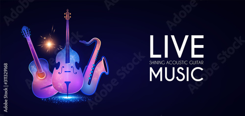 Music poster with electirc quitar, double bass and saxophone. Shining concert flyer template.