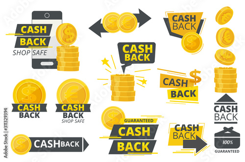 Money cash back. Promotional special offer service for markets vector stickers or badges collection. Cash money, finance business cashback emblem illustration