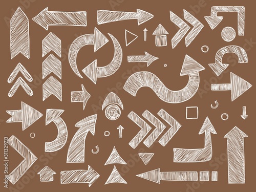 Arrows. Sketched chalkboard way direction symbols vector arrows set. Arrow drawing direction, sketch curve chalk illustration