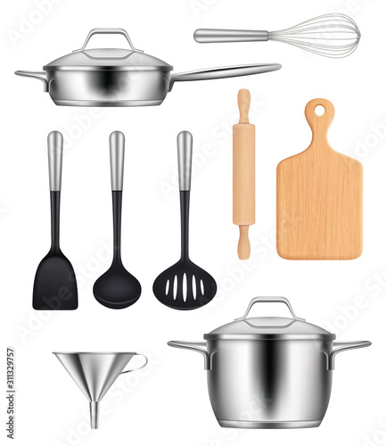 Kitchen utensils. Pans steel pot griddles knives items for cooking food vector realistic images set. Illustration kitchen steel utensil, kitchenware cooking