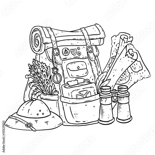 Adventurer pack lineart illustration for coloring. Fantasy character pouch with explorer items. Treasure bag comic style doodle. Gold coins, key, potion