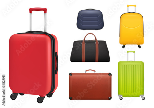 Suitcase realistic. Luggage tourists fashioned colored objects bags for travellers vector. Illustration baggage and luggage realistic mockup