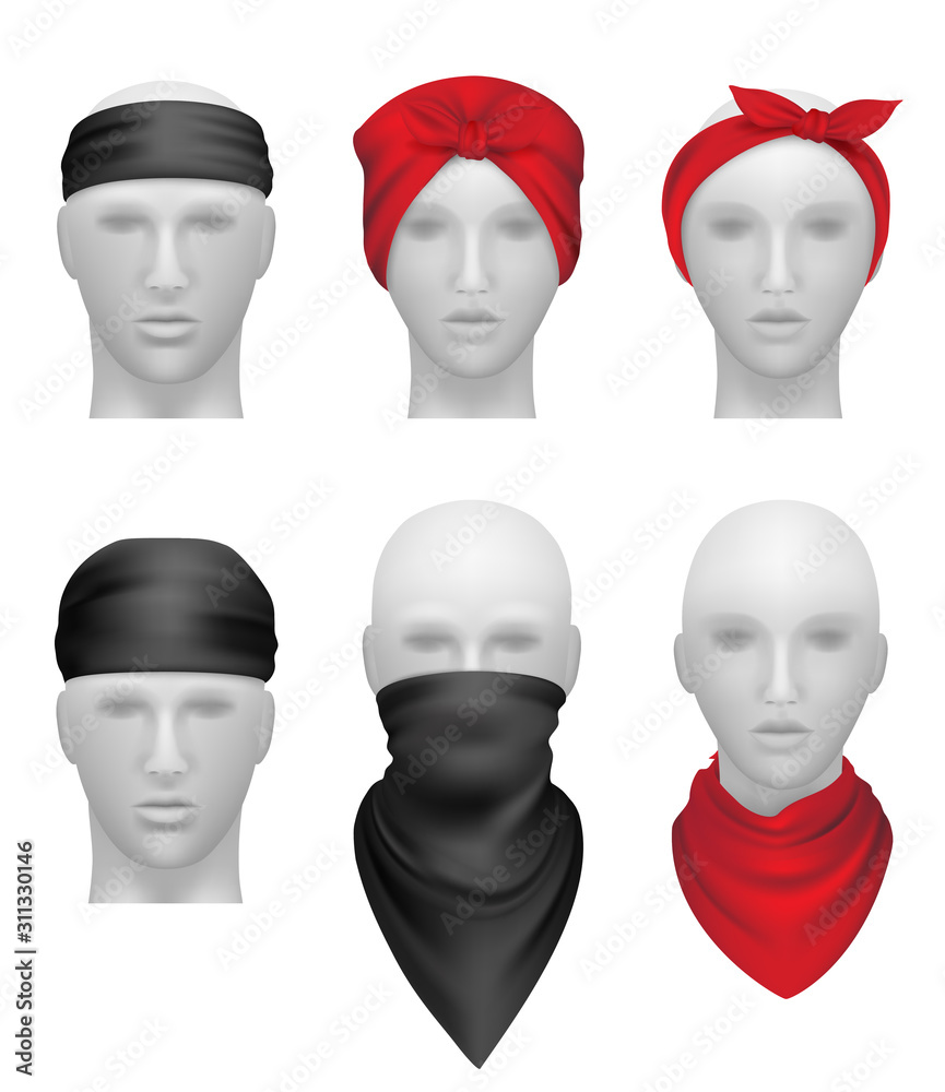 Bandanas set. Stylish clothes for bikers and gangsters mannequin head vector realistic. Illustration stylish apparel for biker or cowboy - obrazy, fototapety, plakaty 